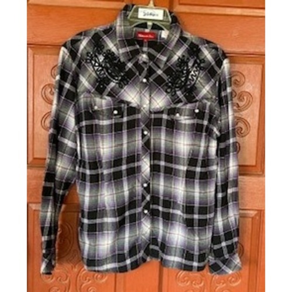 Panhandle Slim Western Shirt Flannel Purple Plaid Embroidered Pearl Snap Cozy XL